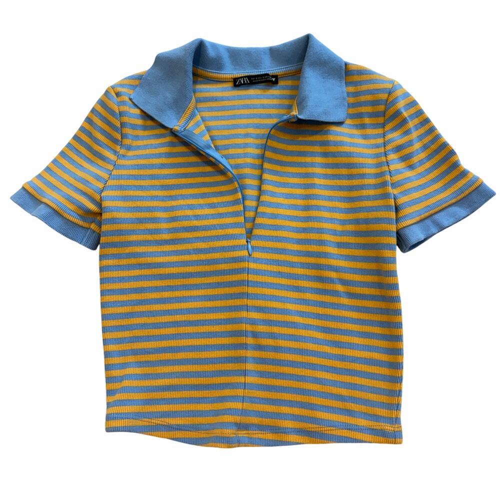 Zara women Blue & Yellow Stripe Zip Front Polo Size S